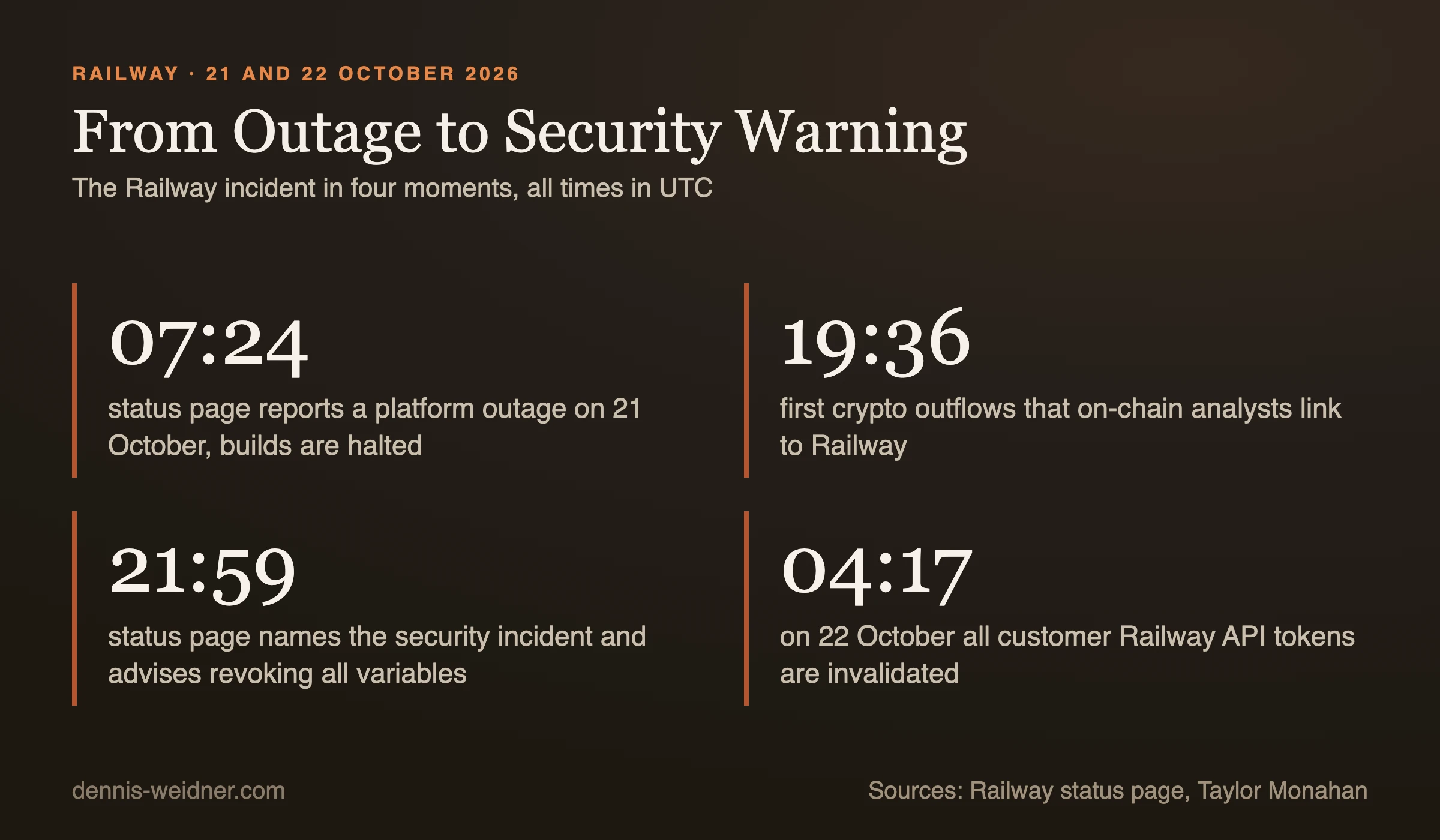 Key figures on the Railway incident: 07:24 UTC platform outage, 19:36 first crypto outflows, 21:59 security notice, 04:17 the next day all API tokens invalidated