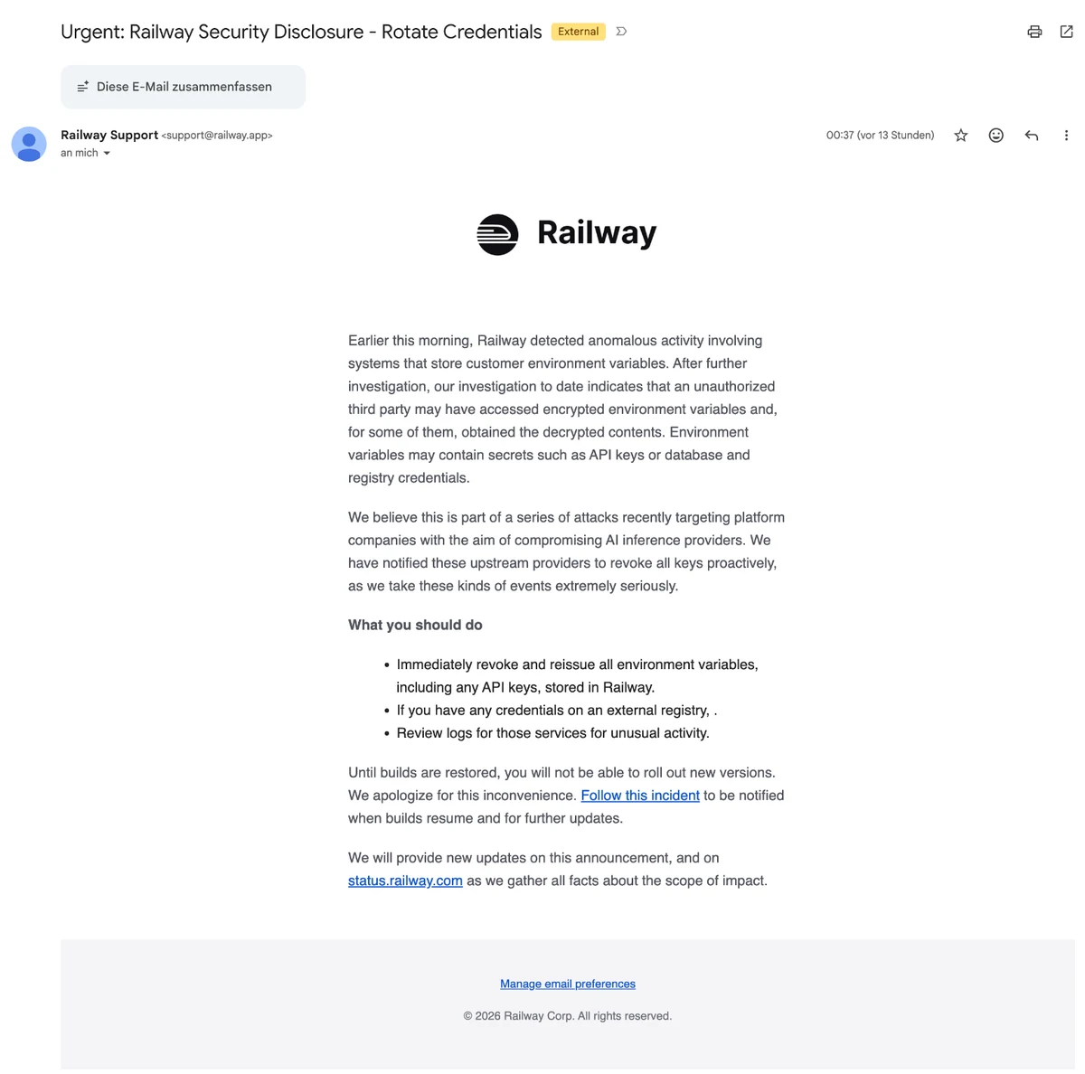 Bildschirmfoto der E-Mail von Railway Support vom 21. Oktober 2026 mit dem Betreff Urgent: Railway Security Disclosure - Rotate Credentials, darin die Aufforderung, alle Umgebungsvariablen und API-Schlüssel zu widerrufen