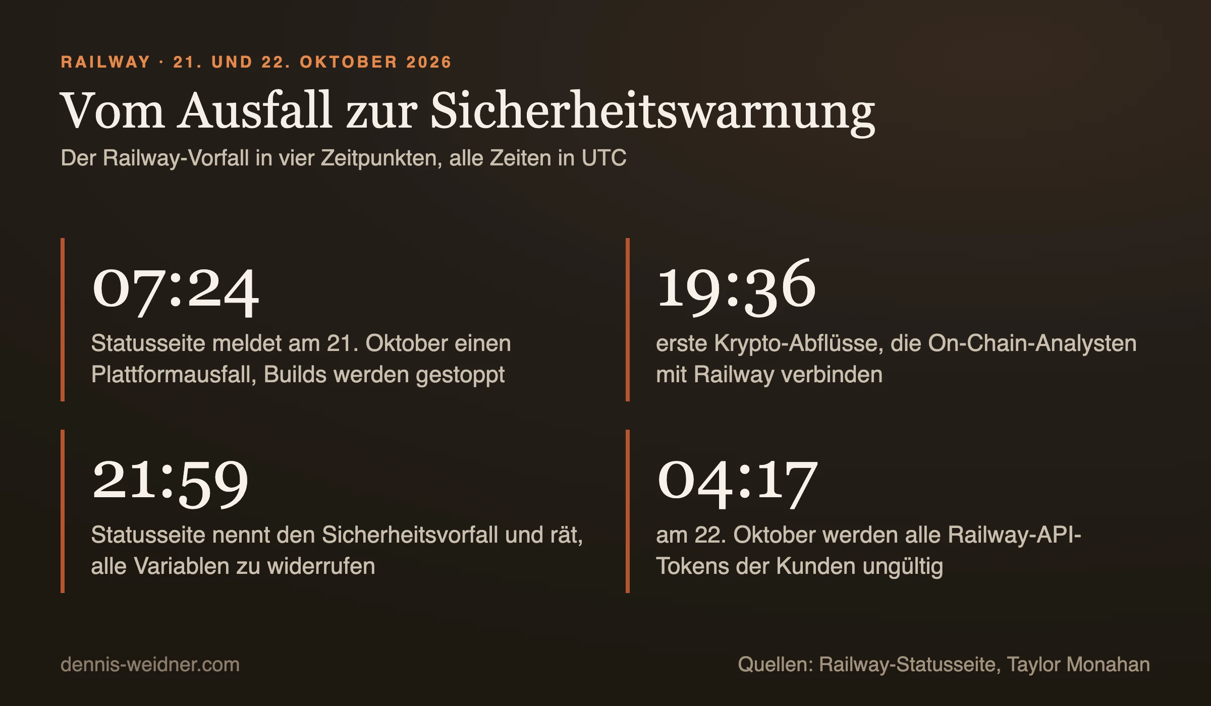 Kennzahlentafel zum Railway-Vorfall: 07:24 Uhr UTC Plattformausfall, 19:36 Uhr erste Krypto-Abflüsse, 21:59 Uhr Sicherheitshinweis, 04:17 Uhr am Folgetag alle API-Tokens ungültig