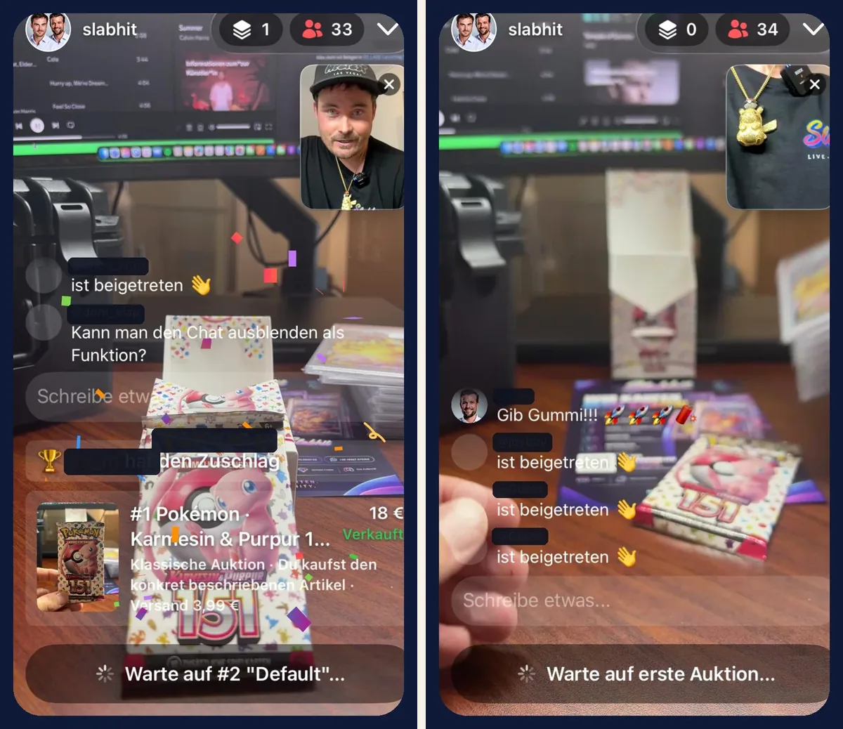 Zwei Bildschirmfotos der SLABHIT-App: links der Zuschlag für ein Pokémon-151-Booster für 18 Euro, klassische Auktion, Versand 3,99 Euro, 33 Zuschauer; rechts eine geöffnete Booster-Box Pokémon 151, 34 Zuschauer in der Opening Show