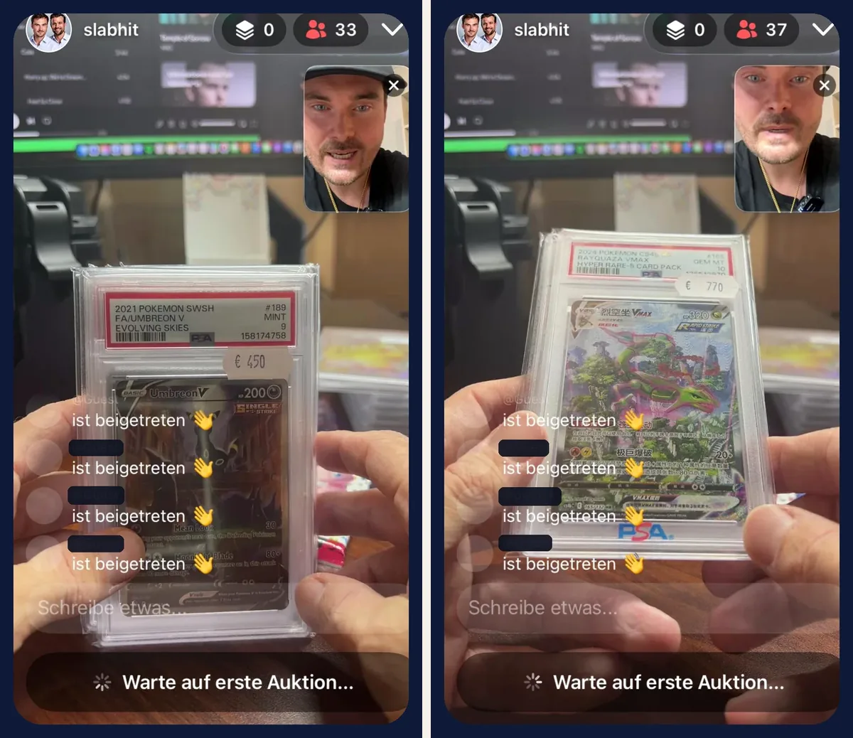 Zwei Bildschirmfotos der SLABHIT-App: links ein PSA-Slab Umbreon V aus Evolving Skies, Note 9, in der Hand vor der Kamera, 33 Zuschauer; rechts der PSA-Slab einer japanischen Pokémon-Karte, 37 Zuschauer in der Opening Show